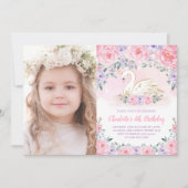 スワンフェミニンプリンセスピンクパープルフラワー誕生日 招待状 (正面)