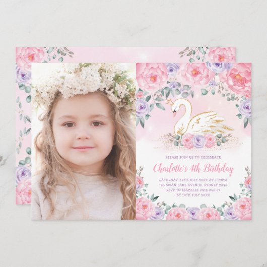 スワンフェミニンプリンセスピンクパープルフラワー誕生日 招待状 (正面/裏面)
