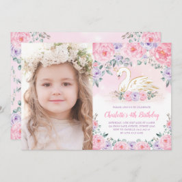 スワンフェミニンプリンセスピンクパープルフラワー誕生日 招待状