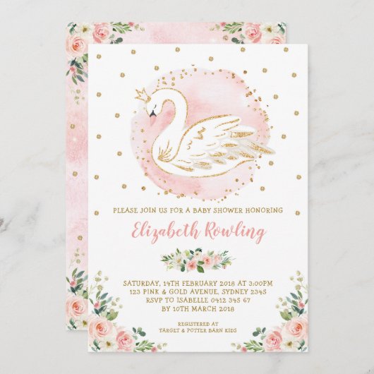 スワンフェミニンプリンセスピンク金ゴールド赤ちゃんシャワー 招待状 (正面/裏面)