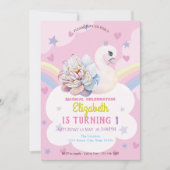 スワンフラワークラウン レインボー ハート 星 誕生日 招待状 (正面)