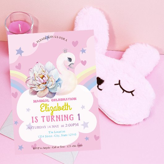 スワンフラワークラウン レインボー ハート 星 誕生日 招待状