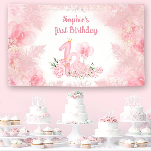 スワンフローラフェザーピンクホワイトガール1st誕生日 横断幕
