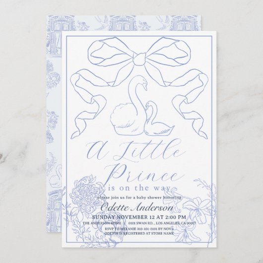 スワンブルートイレデジュイボーイベビーシャワー 招待状 (正面/裏面)