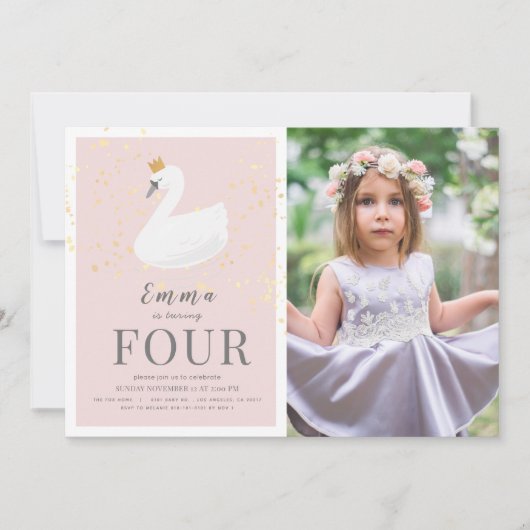 スワンプリンセスピンクガールフォト誕生日 招待状 (正面)