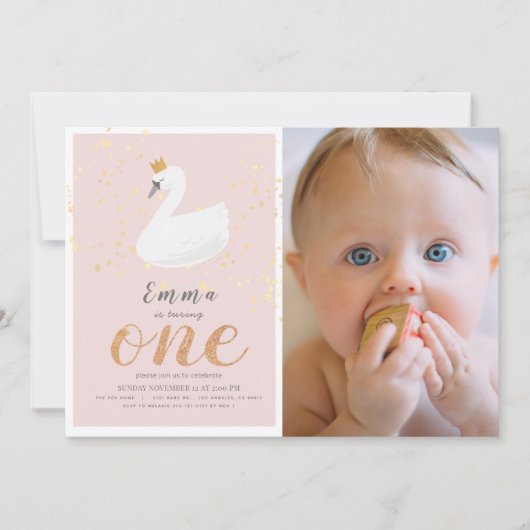 スワンプリンセスピンクガール写真1st誕生日 招待状 (正面)