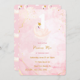 スワンプリンセスピンク&金ゴールド水彩1st誕生日 招待状