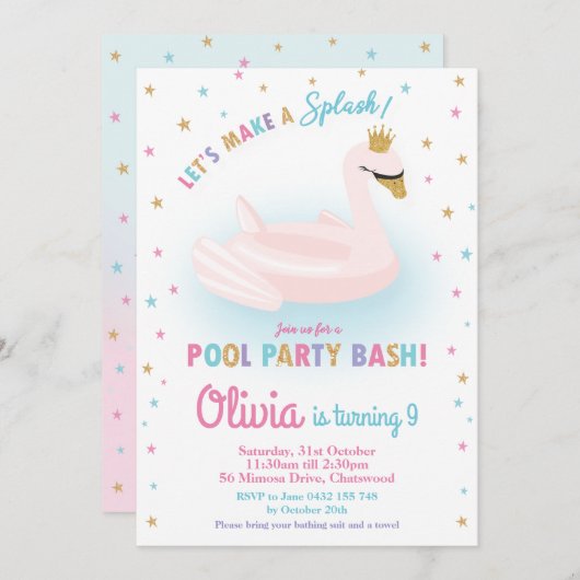 スワンプリンセスプールパーティー誕生日ガールフローティ 招待状 (正面/裏面)