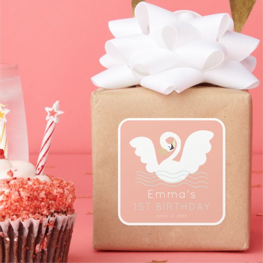 スワンプリンセスモダンピンクガール誕生日 スクエアシール (パーティー)