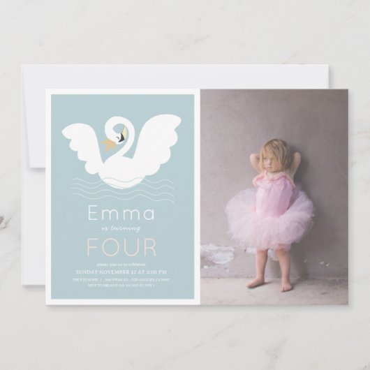 スワンプリンセスモダンブルーガール誕生日写真 招待状 (正面)