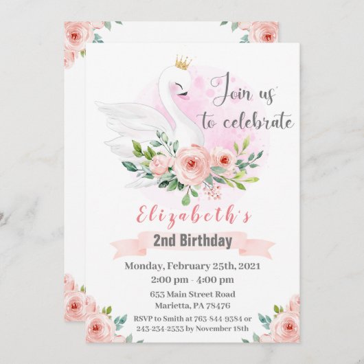 スワンプリンセス誕生日パーティーへの招待 招待状 (正面/裏面)