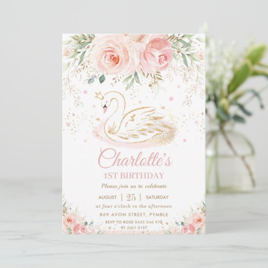 スワンプリンセス赤面ピンクフローラ金ゴールドガール誕生日 招待状 (スタンド正面)