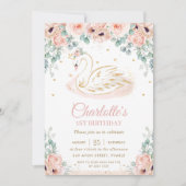 スワンプリンセス赤面ピンクフローラ金ゴールド1日目の誕生日 招待状 (正面)