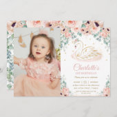 スワンプリンセス赤面ピンクフローラ1stバースデーフォト 招待状 (正面/裏面)