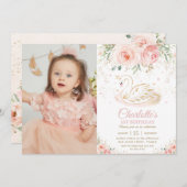 スワンプリンセス ブラッシュピンク フローラル 1歳誕生日写真 招待状 (正面/裏面)