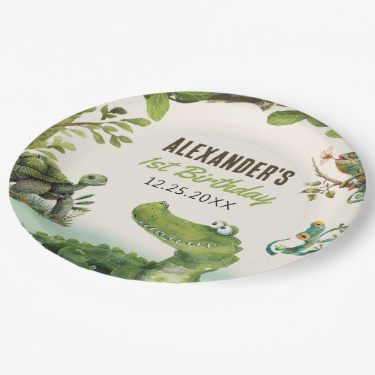 スワンプ爬虫類第1誕生日パーティー ペーパープレート (アングル)