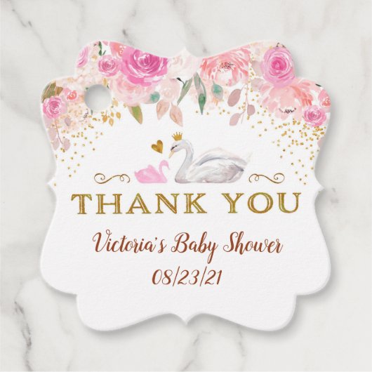 スワンベビーシャワーありがとうメッセージカードピンク金ゴールド フェイバータグ (正面)