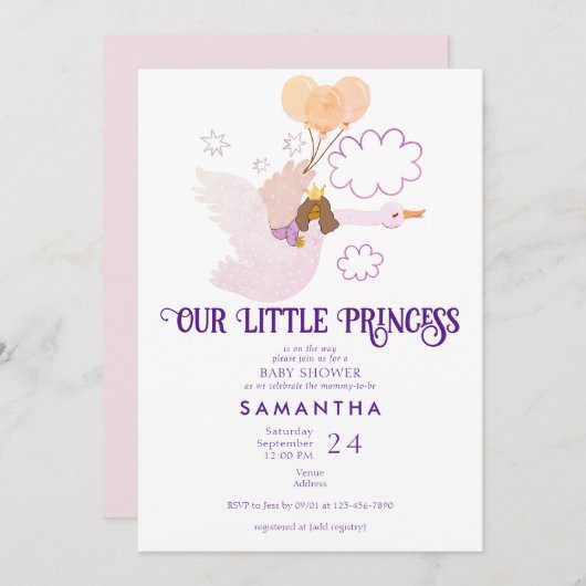 スワンリトルプリンセスフェアリーテールガールベイビーシャワー 招待状 (正面/裏面)