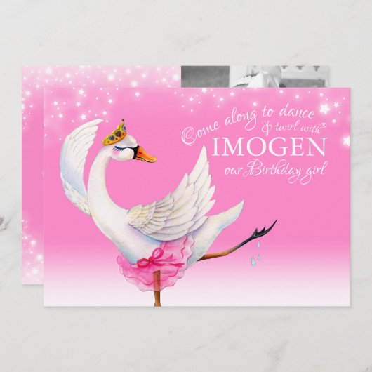 スワンレイク·バレエの誕生日初のピンク招待状 招待状 (正面/裏面)