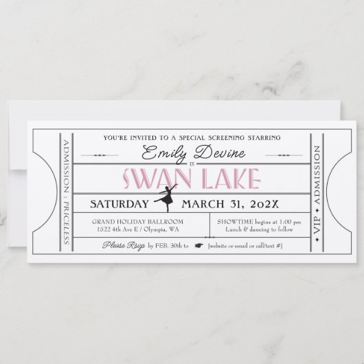 スワン湖の誕生日パーティー招待チケット 招待状 (正面)