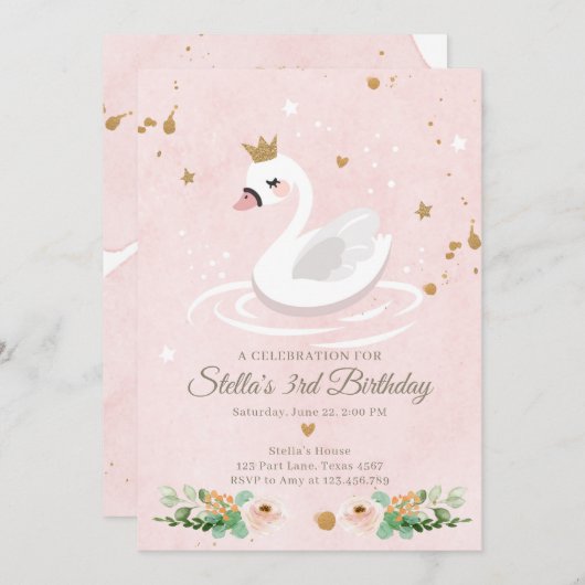 スワン誕生日招待状ガールプリンセスピンク金ゴールド 招待状 (正面/裏面)