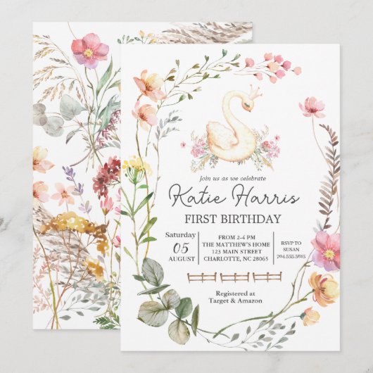 スワン誕生日招待状 招待状 (正面/裏面)