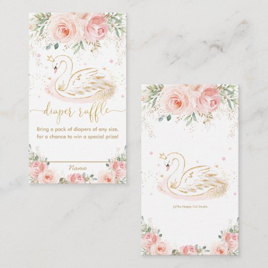 スワン赤面ピンクフローラベビーシャワーおむつラッフル エンクロージャーカード (正面/裏面)