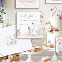 スワン エレガント フラワー ブラッシュ ピンク リボン ベビー シャワー スクエアシール