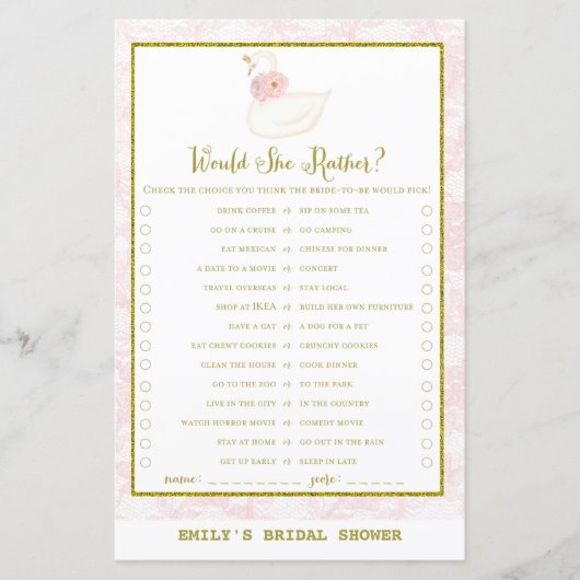 スワン ブライダルシャワー ゲーム 印刷済み (正面)