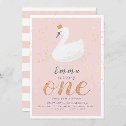 スワン プリンセス ピンク 女の子 1歳 誕生日 招待状 (正面/裏面)