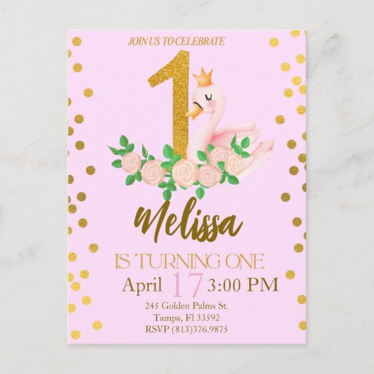 スワン・プリンセス 1歳の誕生日招待状   ポストカード (正面)