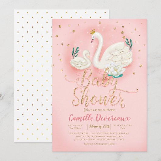 スワン ポンド ゴールド グリッター ピンク ベビー シャワー 招待状 (正面/裏面)