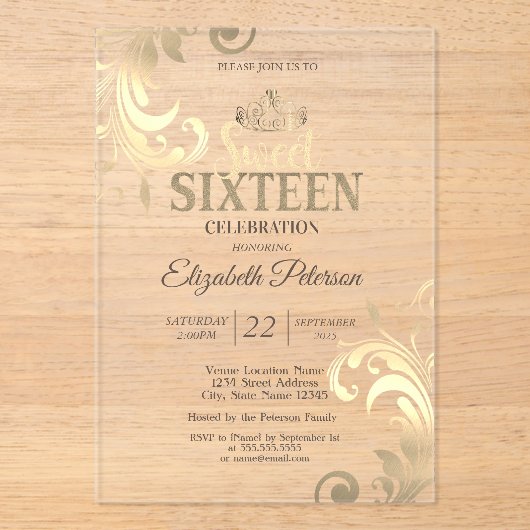 スワーズエレガント金ゴールドティアラスウィート16パーティー アクリル招待状 (正面)