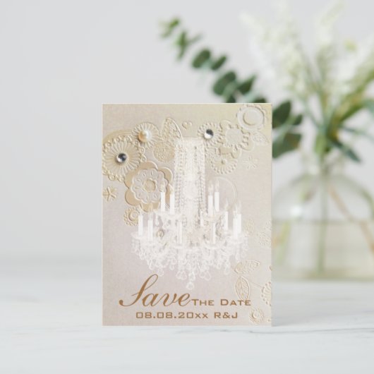 スワーズシャンデリアのヴィンテージ結婚式は日付を保存 案内ポストカード (スタンド正面)