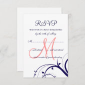 スワーズネイビーブルーコーラルピンク結婚式RSVPカード 出欠カード (正面/裏面)