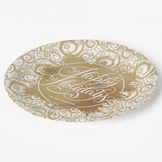 スワールと金ゴールドフォイルフェイクホリデークリスマス ペーパープレート (アングル)