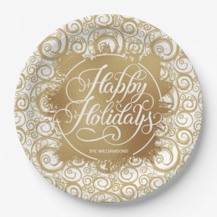 スワールと金ゴールドフォイルフェイクホリデークリスマス ペーパープレート