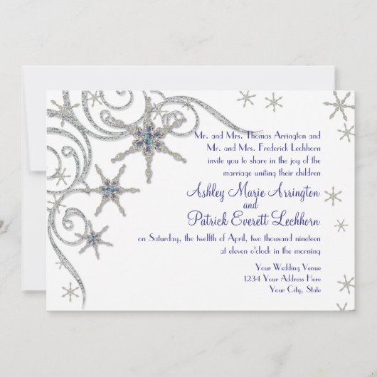 スワールのカードにきらきら光る入った冬の雪の結婚結晶の宝石 招待状 (正面)