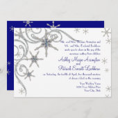 スワールのカードにきらきら光る入った冬の雪の結婚結晶の宝石 招待状 (正面/裏面)