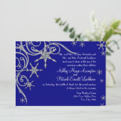 スワールのカードにきらきら光る入った冬の雪の結婚結晶の宝石 招待状 (スタンド正面)