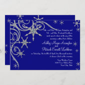 スワールのカードにきらきら光る入った冬の雪の結婚結晶の宝石 招待状 (正面/裏面)
