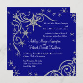 スワールのカードにきらきら光る入った冬の雪の結婚結晶の宝石 招待状 (正面/裏面)