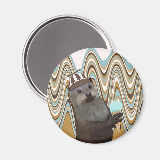 スワールの背景にアイスクリームを置いたかわいいカワウソ マグネット (正面/裏面)