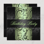 スワールグエレガントリーン/ブラックデザイン誕生日招待状 招待状 (正面/裏面)