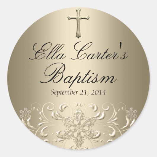 スワールスノーフレーク&クロス金ゴールドバプティスステッカー ラウンドシール (正面)