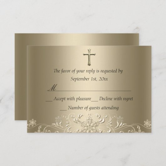 スワールスノーフレーク&クロス金ゴールドバプテスマRSVP 出欠カード (正面/裏面)