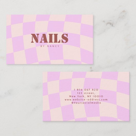 スワールピンクレトロチェッカーボードネイルサロン 名刺 (正面/裏面)