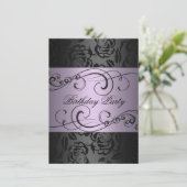 スワールブラック&パープルバラ誕生日招待状 招待状 (スタンド正面)