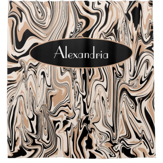 スワールモダンウォーターのカラー茶色の黒のパターンカスタム シャワーカーテン (正面)