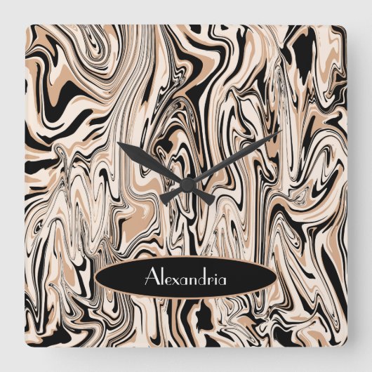 スワールモダンウォーターのカラー茶色の黒のパターンカスタム スクエア壁時計 (正面)